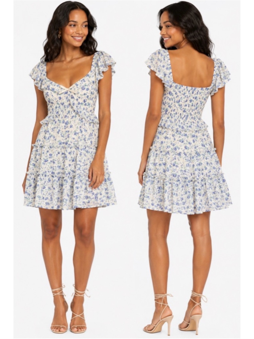 Altar'd State Floral Tiered Mini Dress Blue and White Floral